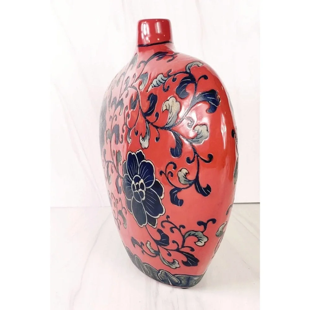 VINTAGE Lopsided Navy,  Gray & Red Floral Abstract Slim Ceramic Vase